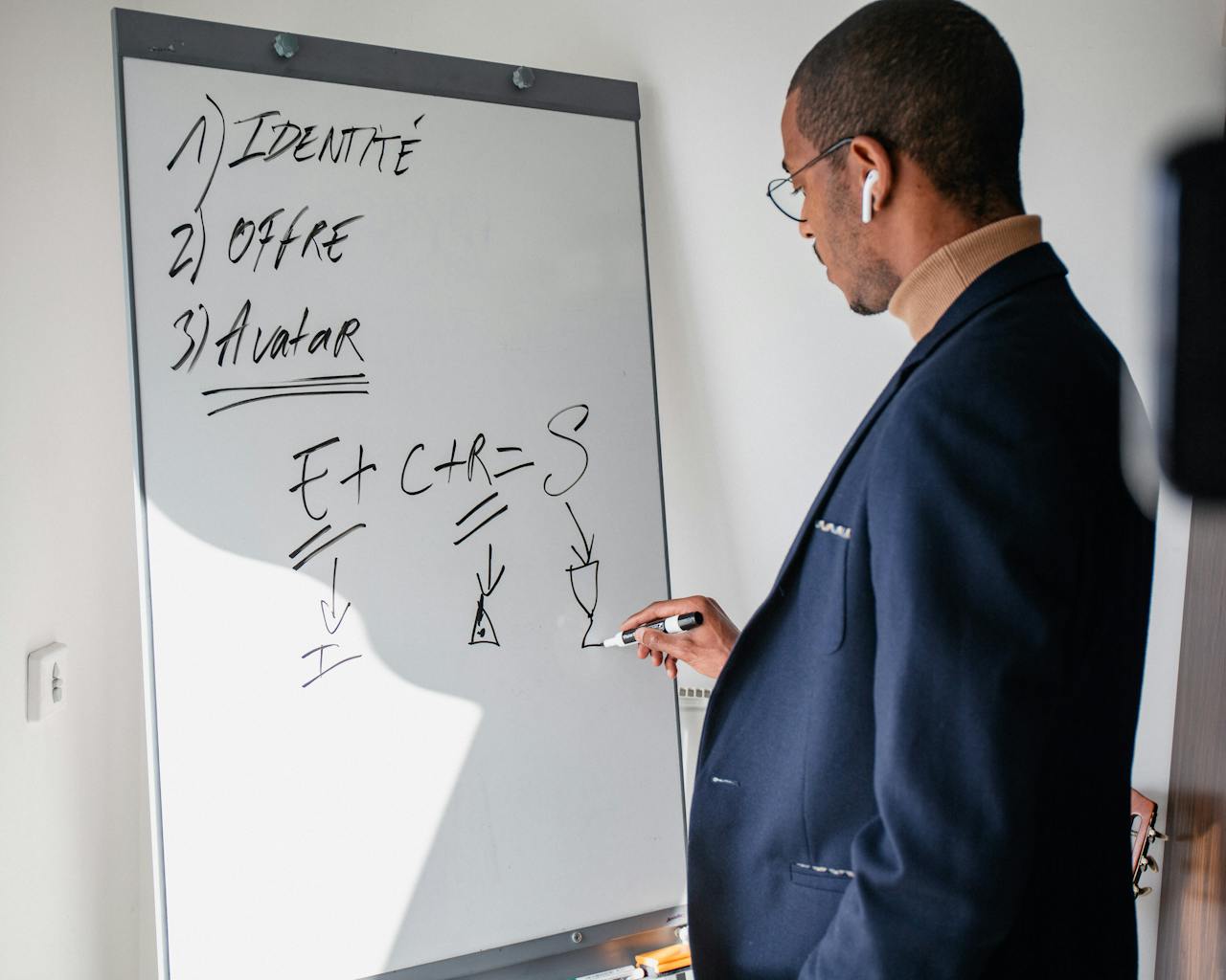 services-05 A man in a suit writes on a whiteboard, showcasing business ideas in a modern office setting.