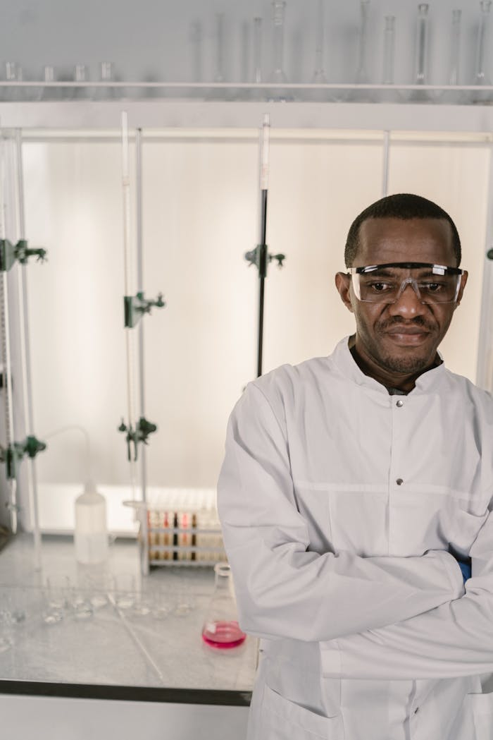 Mastering the First Impression: Your intriguing post title goes here Professional scientist in a laboratory setting with arms crossed, wearing protective goggles and a white lab coat.