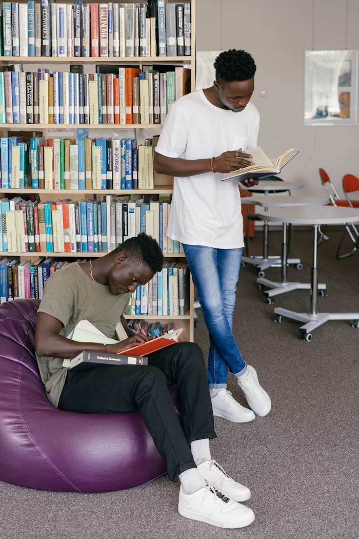 services-03 Two young men studying in a library, emphasizing education and learning.